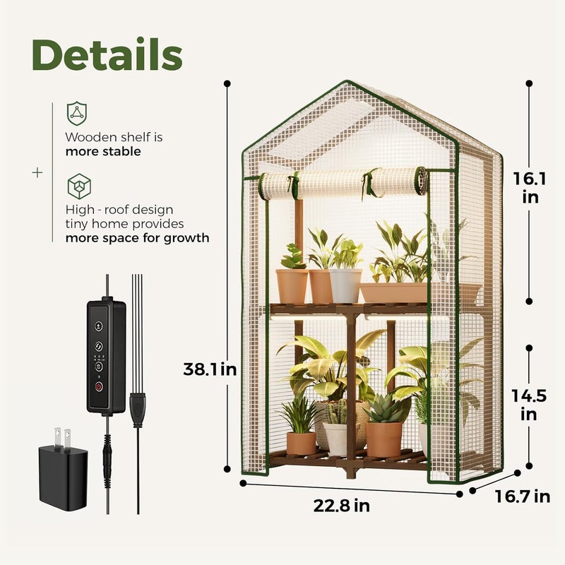 Bamworld Mini Greenhouse with Grow Light Plant Stand for Mutiple Pots Outdoor 2-Tierd Reusable Portable Warm House with PE Cover Compact Patio Boho Home Decor - Image 2